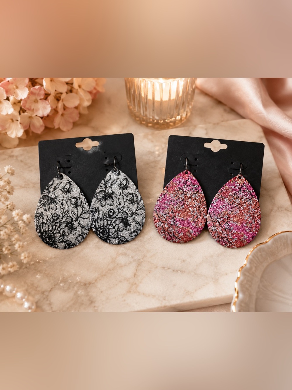 Elegant Silver and Pink Teardrop Earrings- 2 pairs